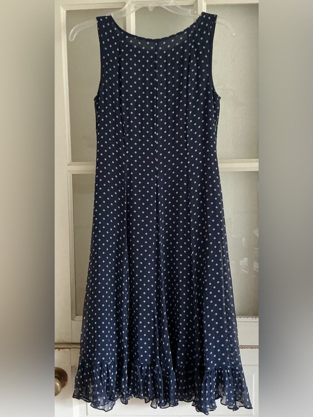 Adrianna Papell 100% silk Navy Blue Polka Dot Sleeveless Midi Dress sz 4